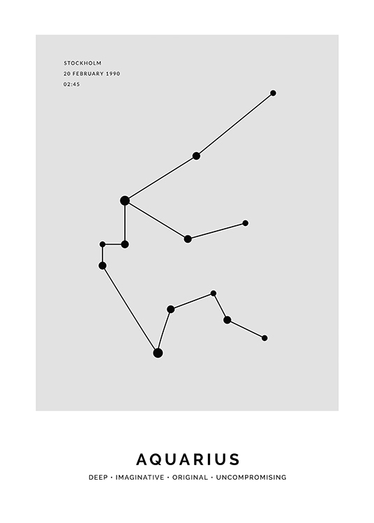  – Illustration med stjernetegnet Vandmanden i sort på en grå baggrund og tekst, der kan tilpasses