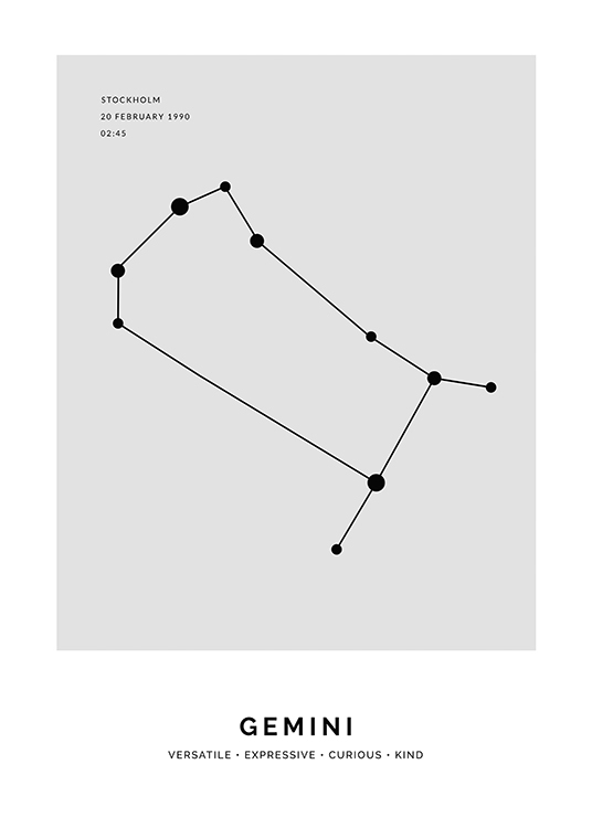  – Illustration med stjernetegnet Tvillingerne i sort på en grå baggrund og tekst, der kan tilpasses