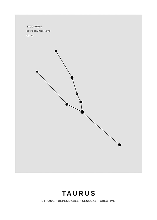  – Illustration med stjernetegnet Tyren i sort på en grå baggrund og tekst, der kan tilpasses