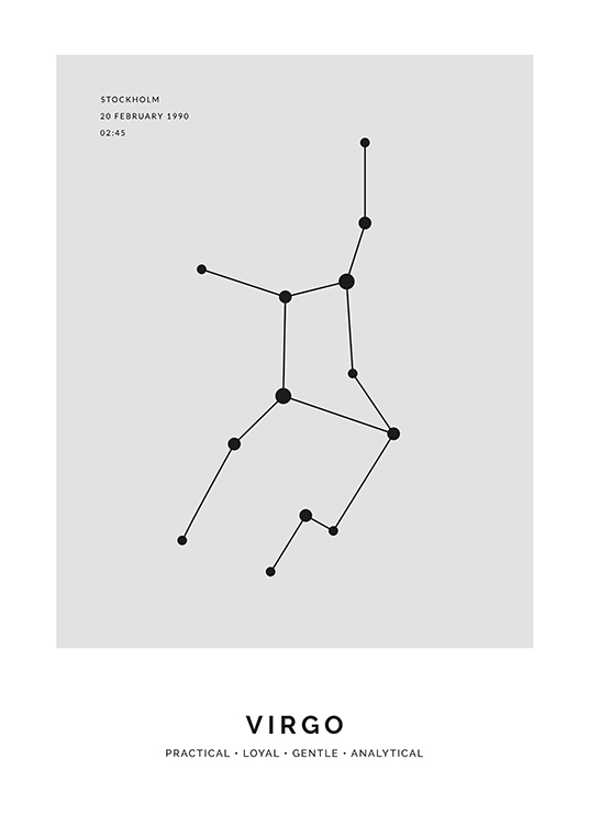  – Illustration med stjernetegnet Jomfruen i sort på en grå baggrund og tekst, der kan tilpasses