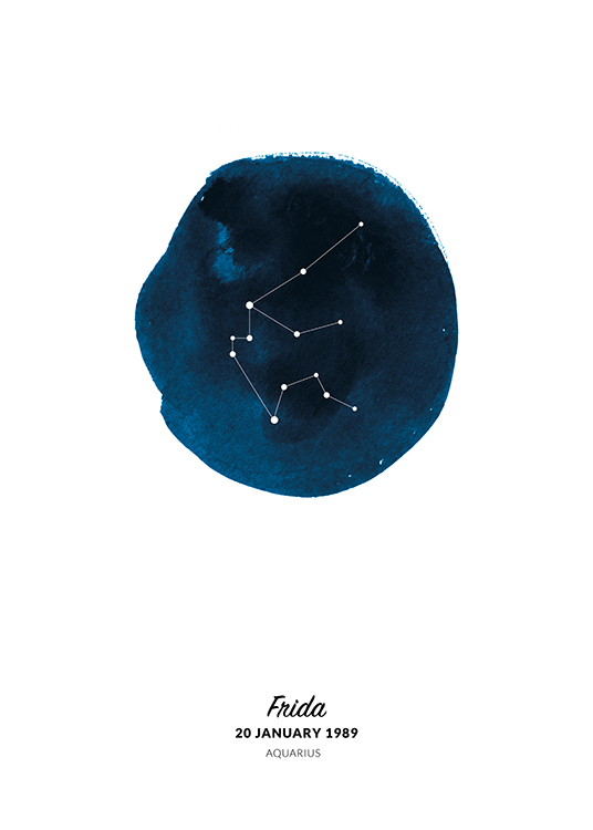  – Illustration med stjernetegnet Vandmanden i en cirkel malet som blå akvarel