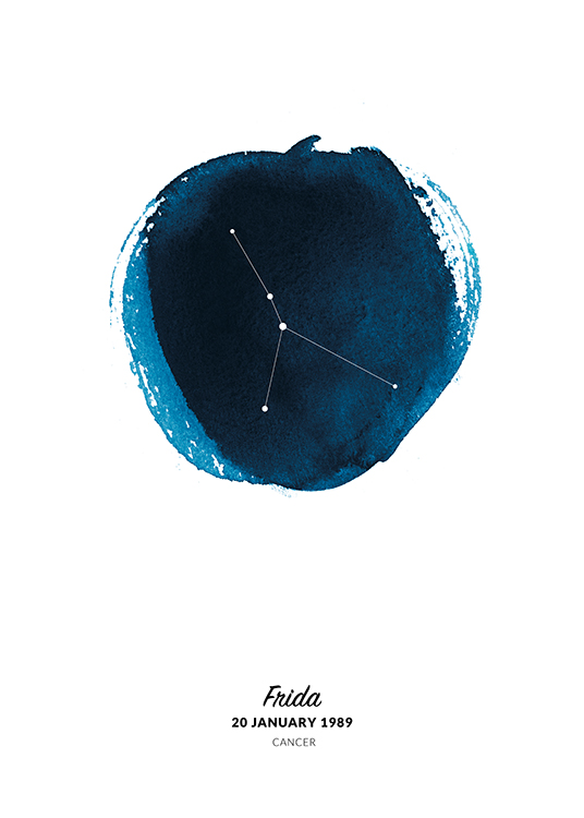  – Illustration med stjernetegnet Krebsen i en cirkel malet som blå akvarel