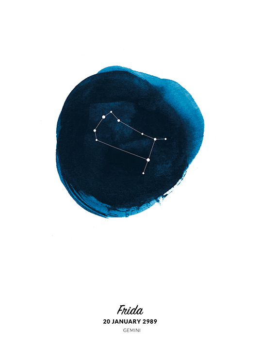  – Illustration med stjernetegnet Tvillingerne i en cirkel malet som blå akvarel