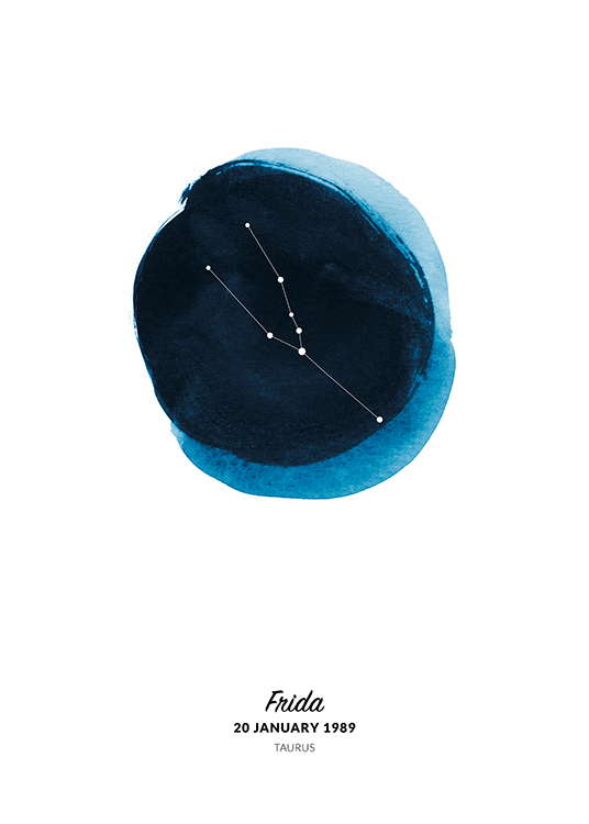  – Illustration med stjernetegnet Tyren i en cirkel malet som blå akvarel