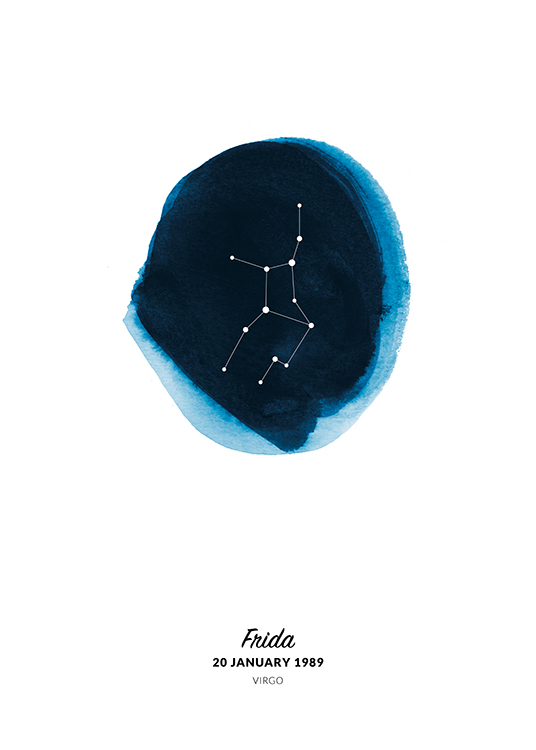  – Illustration med stjernetegnet Jomfruen i en cirkel malet som blå akvarel