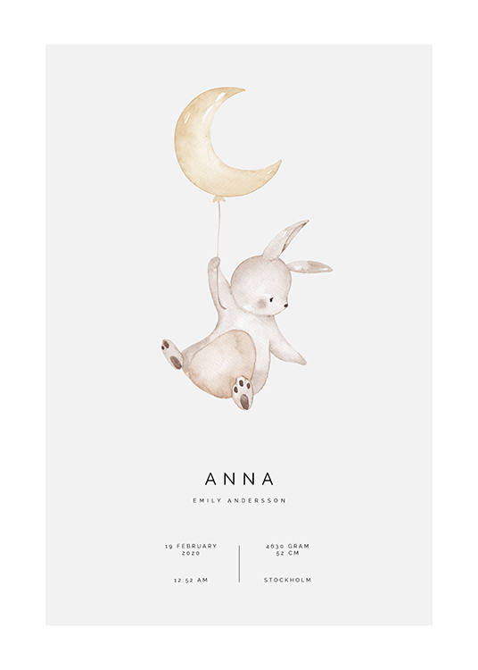  – Illustration med en lille kanin, der holder fast i en måneformet ballon