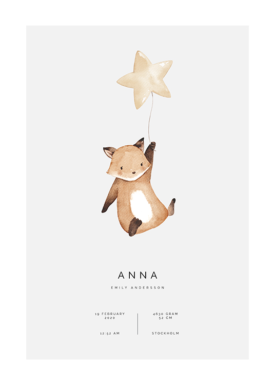  – Illustration med en lille ræv, der flyver ved at holde fast i en stjerneformet ballon