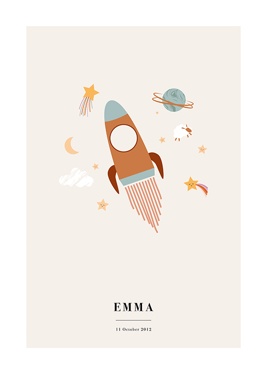  – Illustration med astronomisymboler omkring en raket mod en beige baggrund