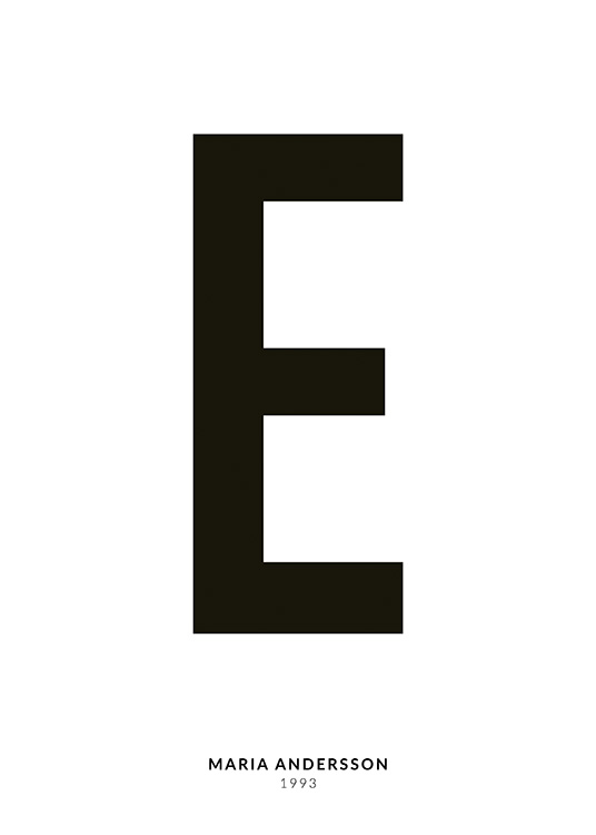 – En minimalistisk plakat med tekst i form af bogstavet E og mindre tekst nedenunder på en hvid baggrund
