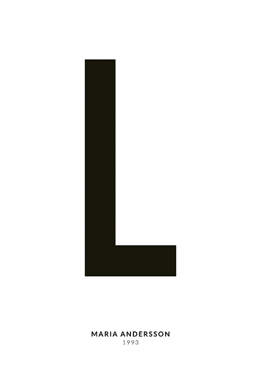 – En minimalistisk plakat med tekst i form af bogstavet L og mindre tekst nedenunder på en hvid baggrund