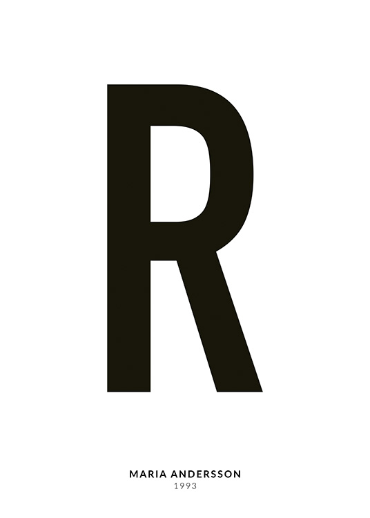 – En minimalistisk plakat med tekst i form af bogstavet R og mindre tekst nedenunder på en hvid baggrund