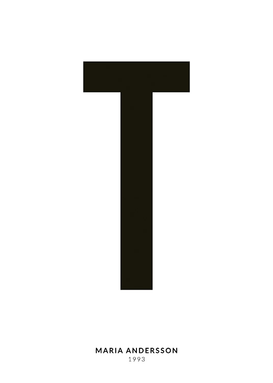 – En minimalistisk plakat med tekst i form af bogstavet T og mindre tekst nedenunder på en hvid baggrund