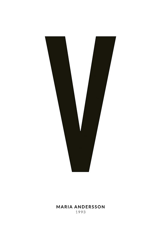 – En minimalistisk plakat med tekst i form af bogstavet V og mindre tekst nedenunder på en hvid baggrund