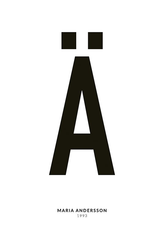 – En minimalistisk plakat med tekst i form af bogstavet Ä og mindre tekst nedenunder på en hvid baggrund