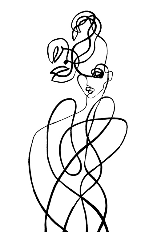  – Abstrakt illustration i line art-stil, der forestiller en krop med kløer over hovedet, inspireret af stjernetegnet Skorpionen