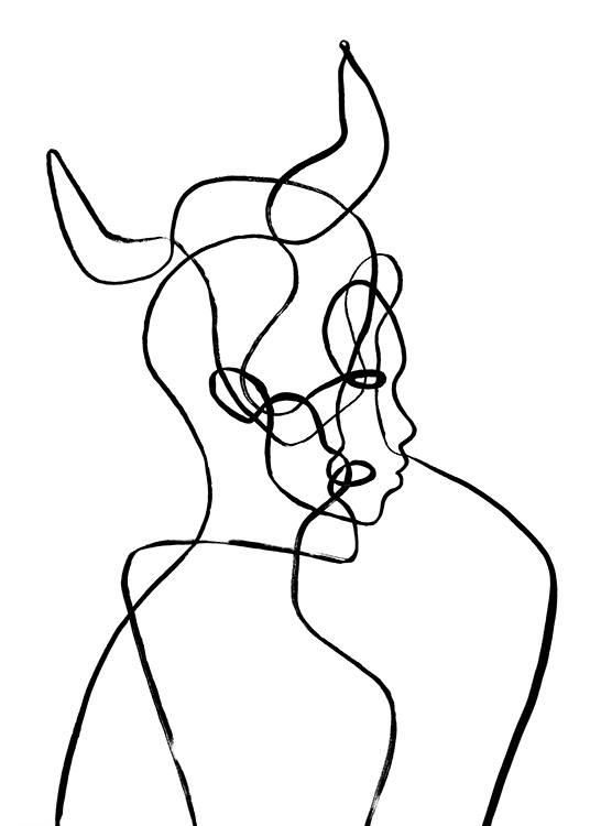  – Illustration i line art-stil, der forestiller et hoved med horn, inspireret af stjernetegnet Tyren