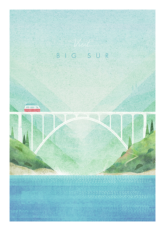  – Illustration med et blåt og grønt landskab og en hvid bro