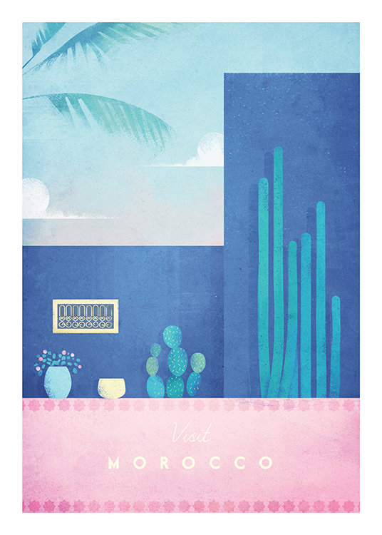  – Illustration med en lyserød og blå bygning, planter og kaktusser