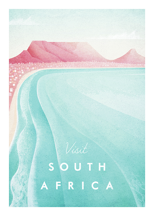  – Illustration med lyserøde bjerge, en lyserød strand og et blåt hav i forgrunden