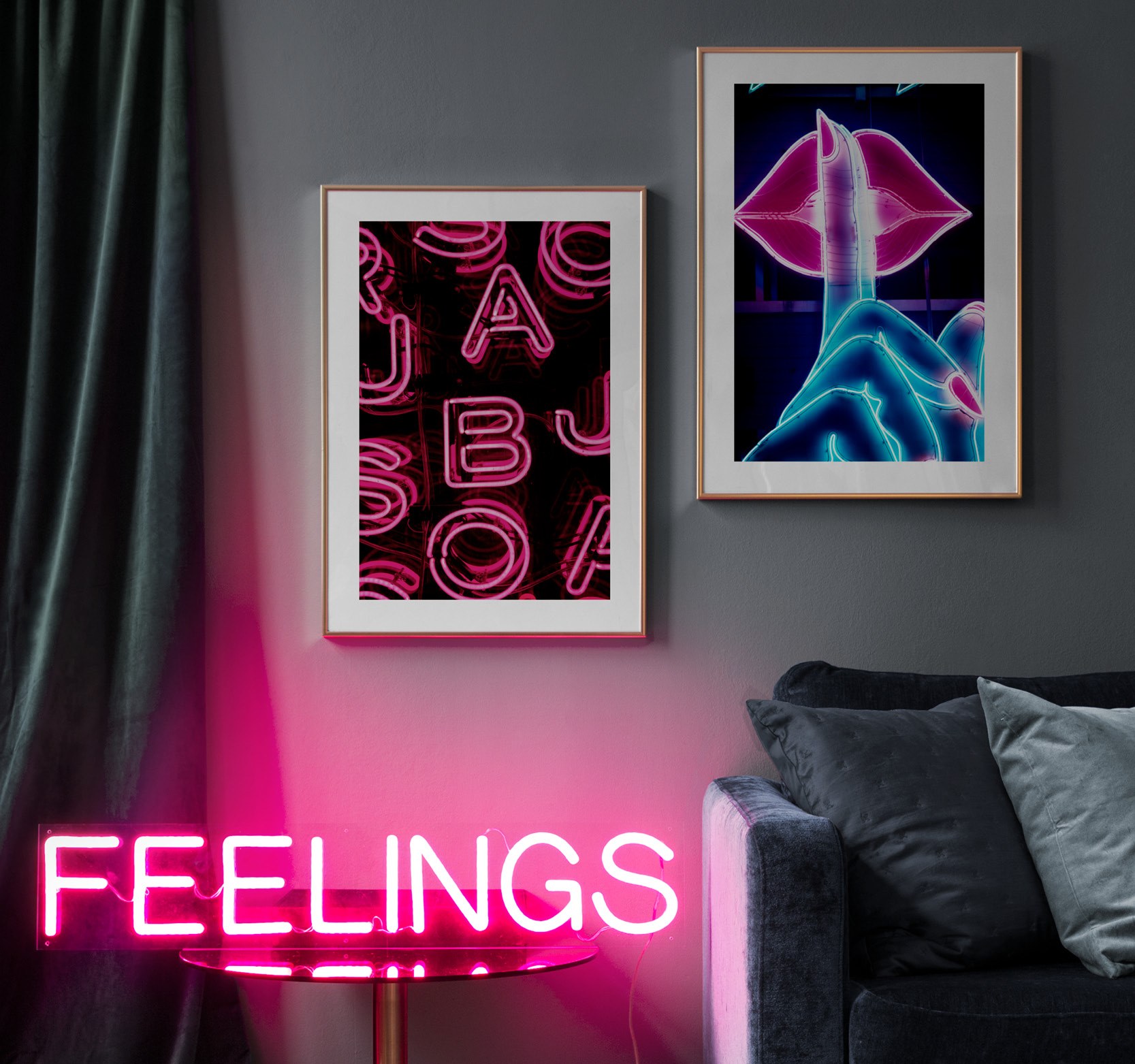 Trendy billedpar med foto af neonskilte
